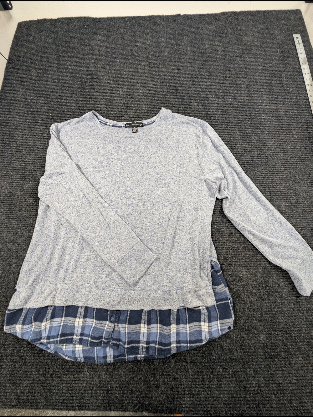 French Laundry Light Blue Heather Pullover with Navy Plaid Hem